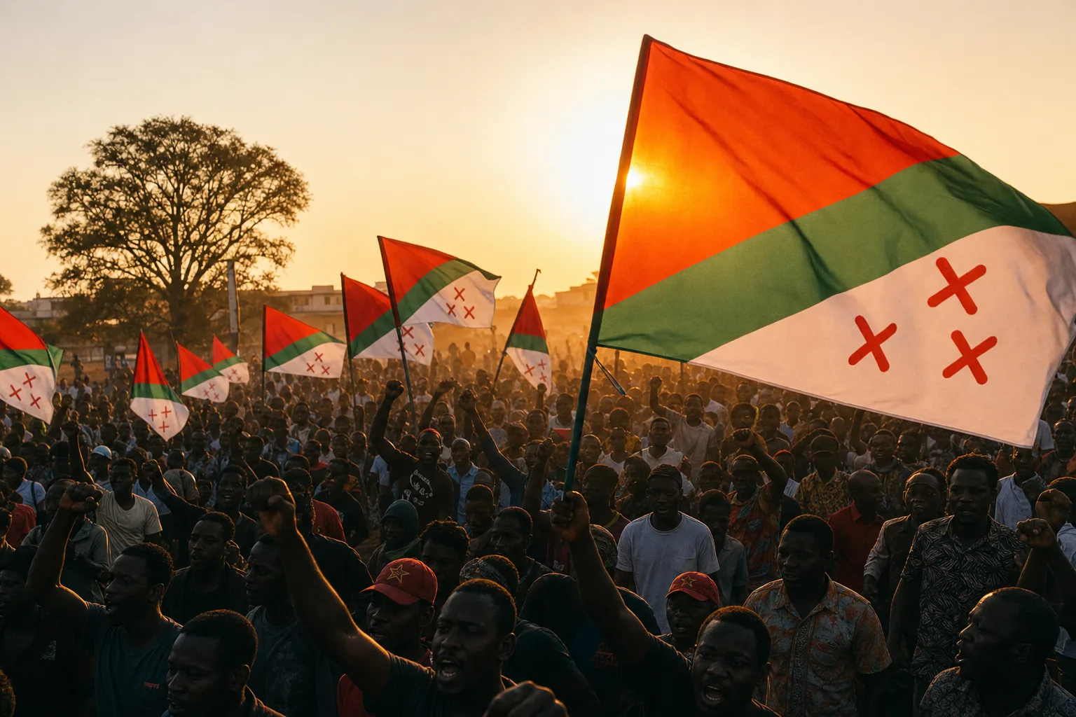 A large crowd marching beneath Katanga flags at sunset